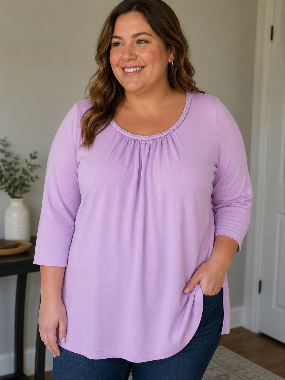 Lands' End 1X Lavender Braided‎ Neck Tunic Top